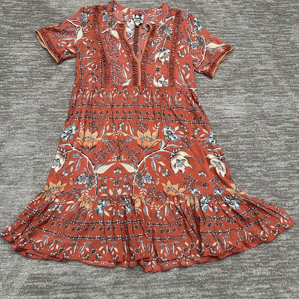 Jaase Dress Womens Small Rust Floral Boho Ruffle Hem Summer Lace Cut Out - Picture 4 of 13